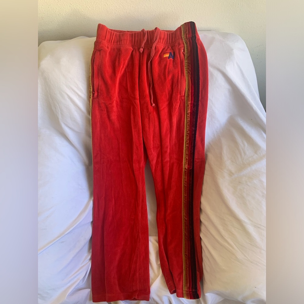 Aviator Nation Jogger Pants Women’s Size Small 28” Inseam Red Velour Rainbow